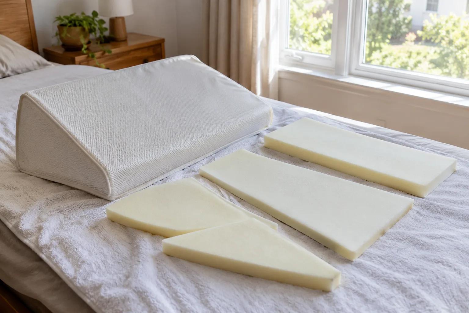 Foam pillow inserts air drying flat on a towel by a window