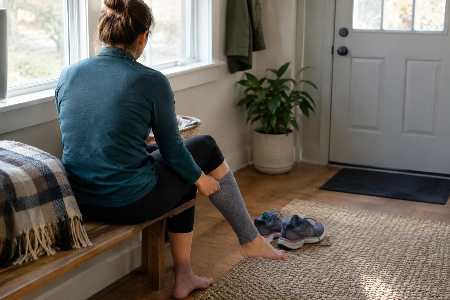 Person sitting on a bench at home sliding a plain gray sleeve over the calf, an example of leg sleeve compression