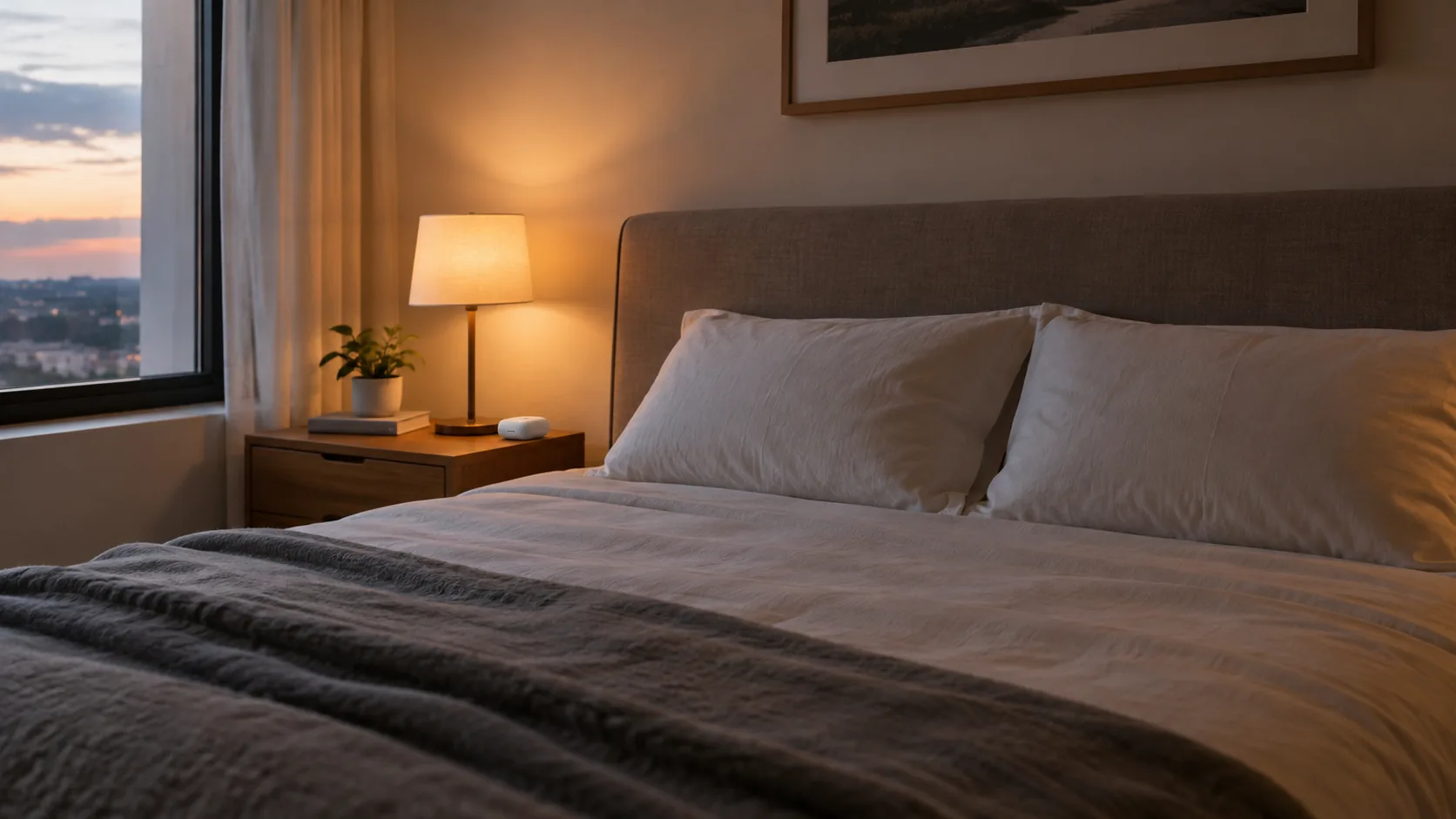 Quiet bedroom at night prepared for noise-canceling earbuds for sleep