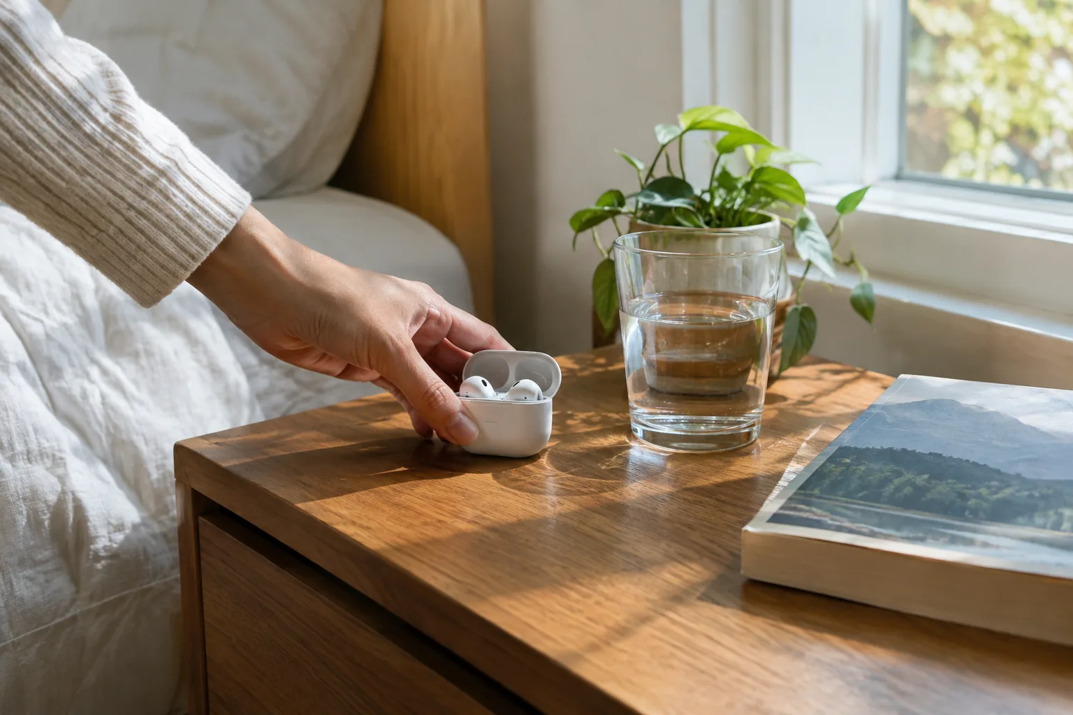 Hand placing a charging case on a nightstand as part of a nightly earbud routine