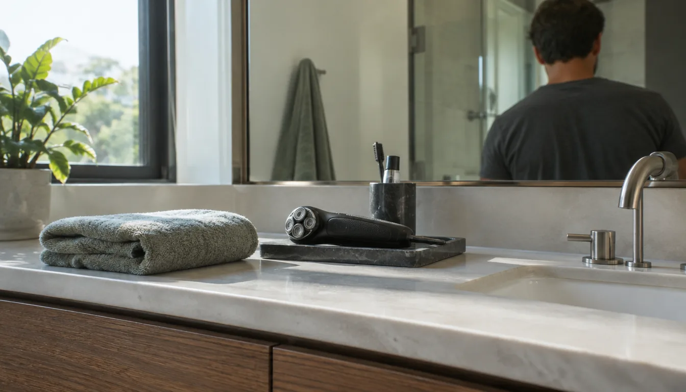 Bathroom counter set up for shaving head with electric shaver
