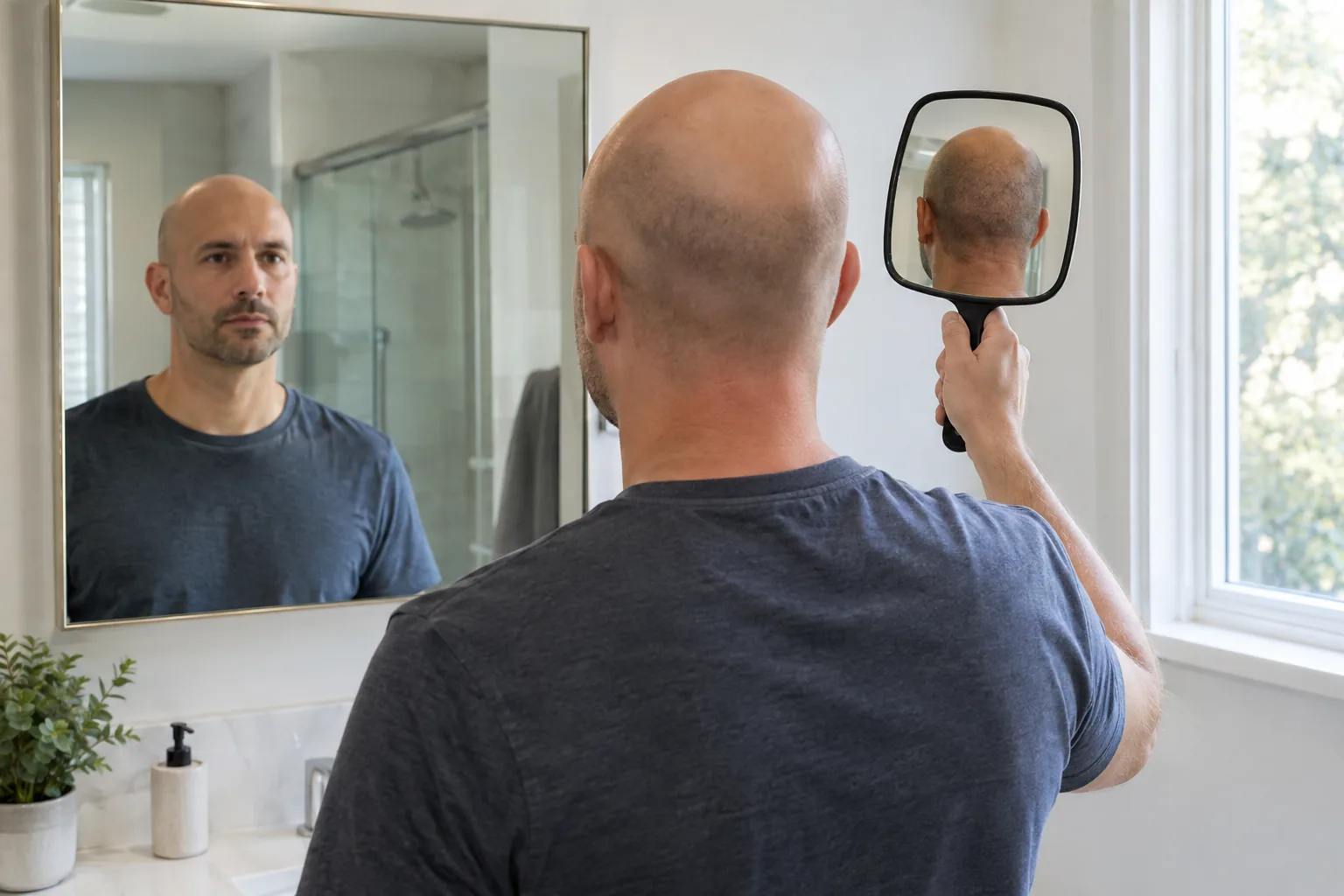 Man checking the back of his head with two mirrors after shaving head with electric shaver