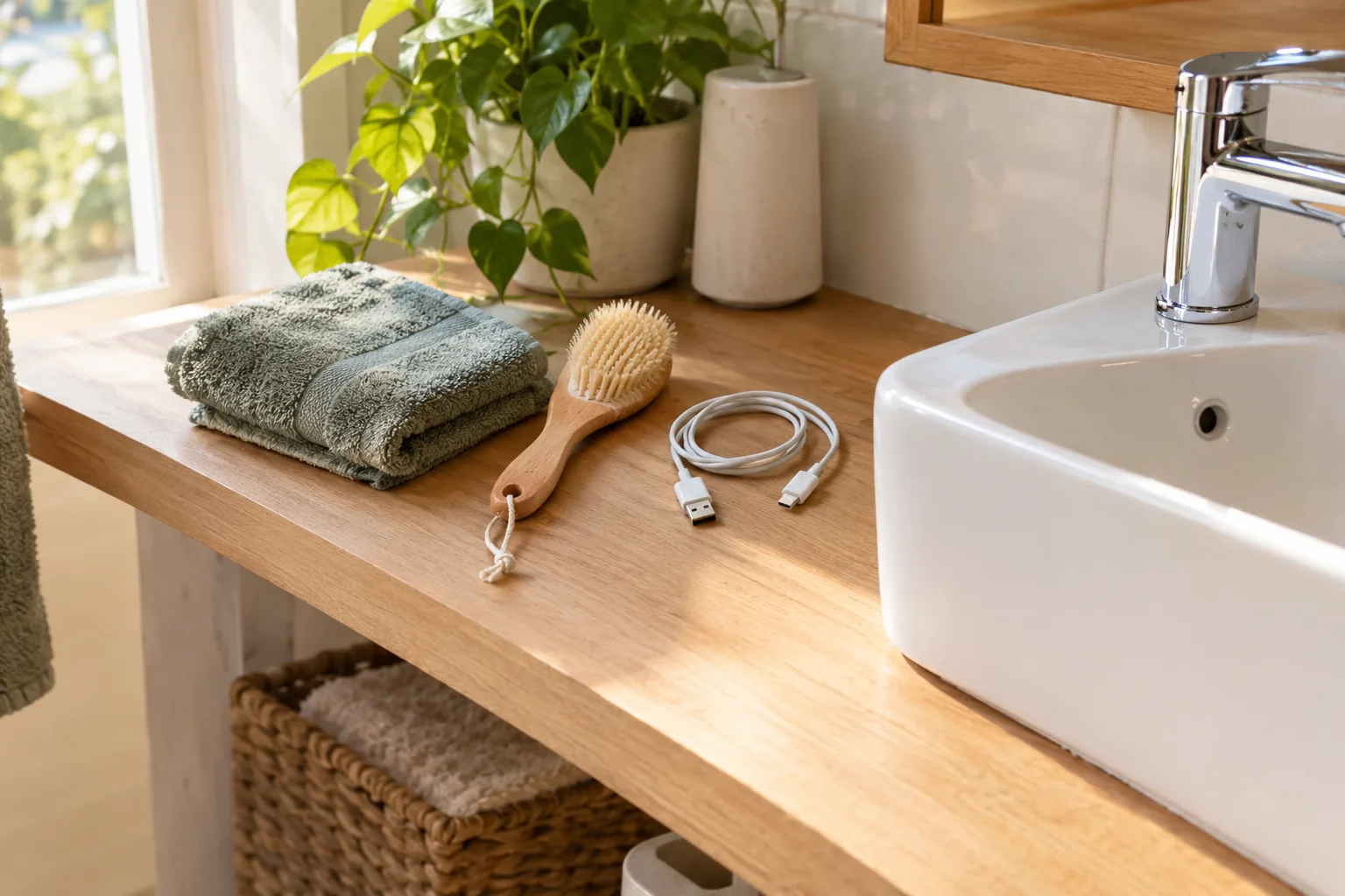 Bathroom shelf with towel and cleaning brush beside a sink