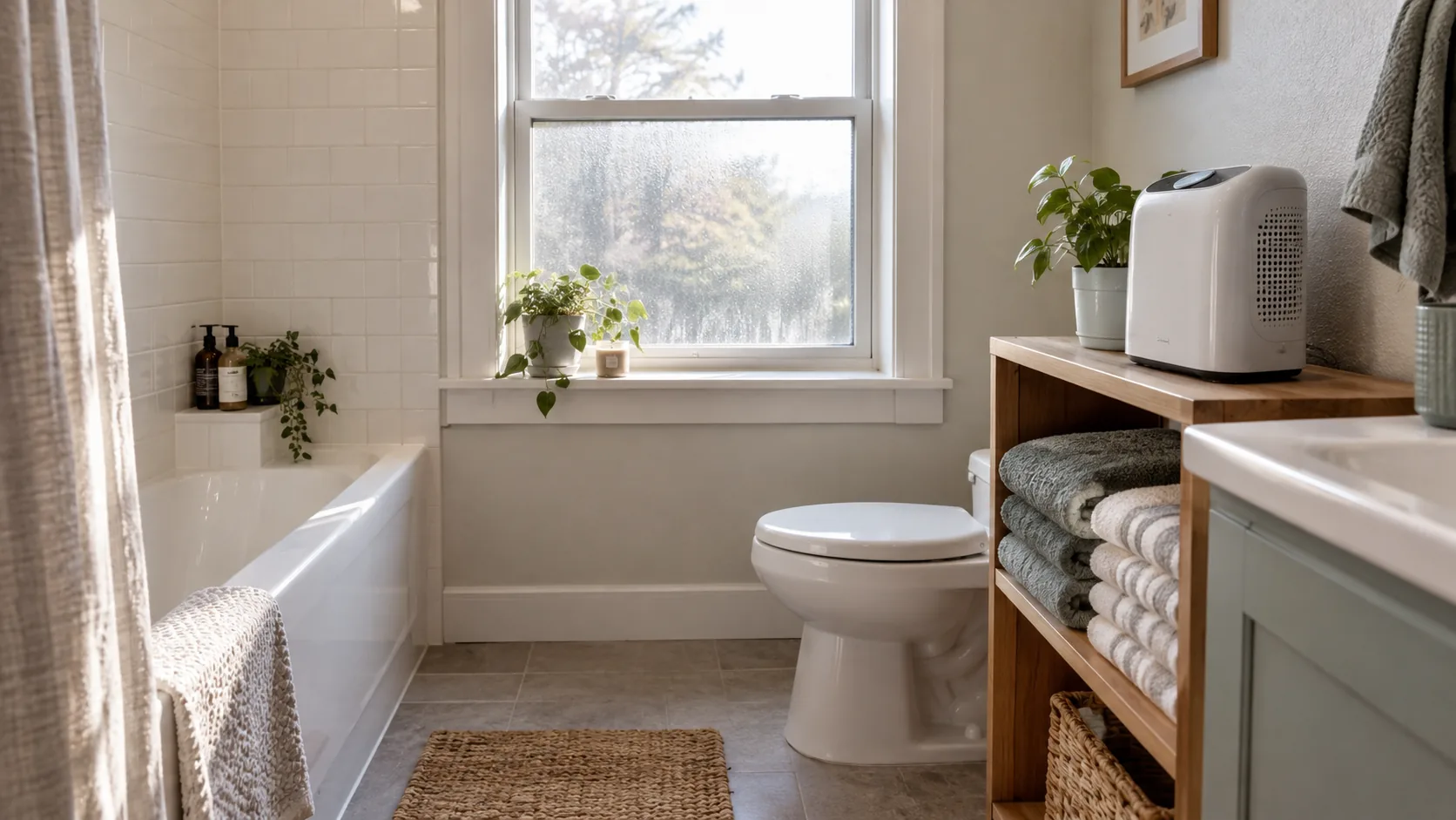 Small bathroom with condensation on the window and a compact appliance on a dry shelf