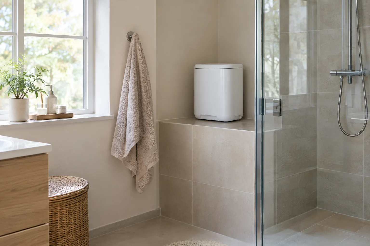 Small dehumidifier for bathrooms placed on a dry shelf set back from the shower