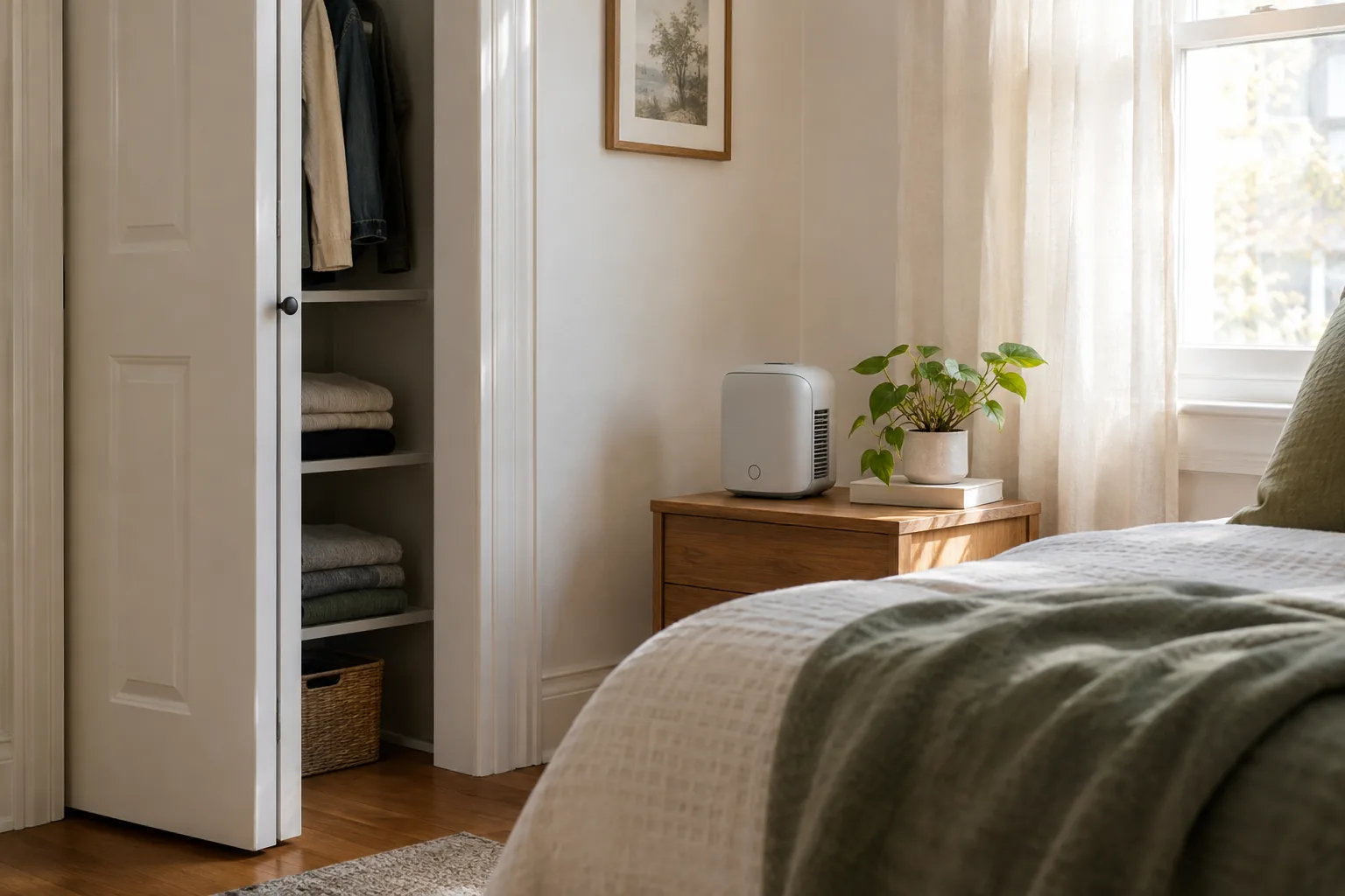Bedroom corner with an open closet and a compact appliance on a nightstand