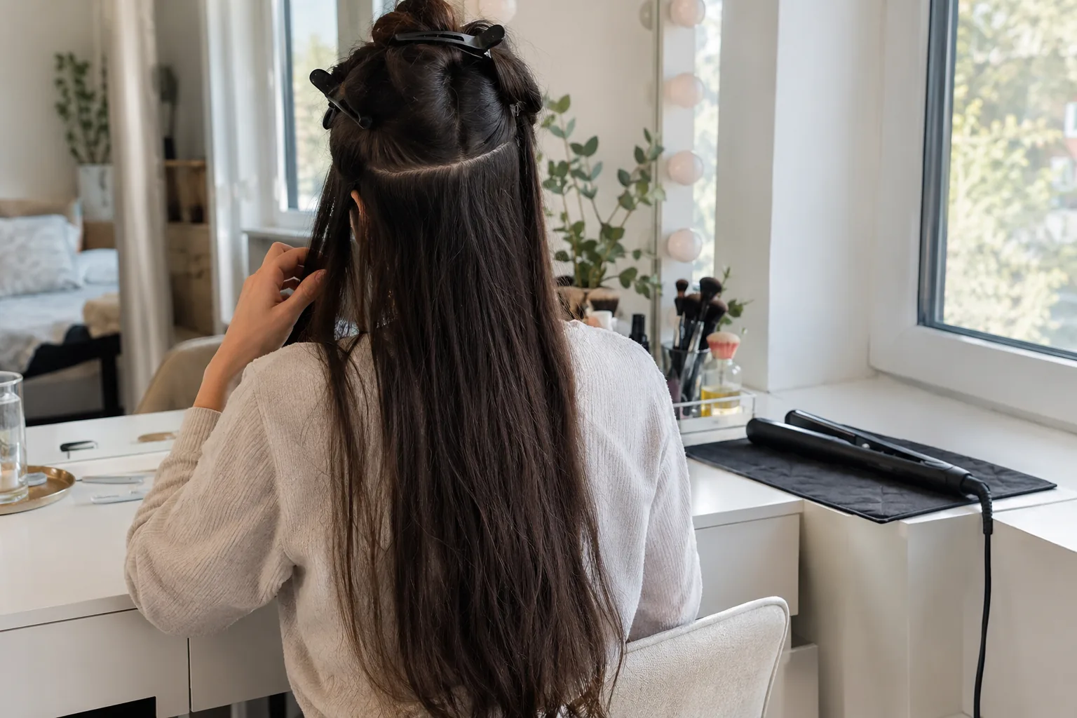 Sectioning hair with clips at a vanity before choosing in a titanium plate flat iron vs ceramic comparison