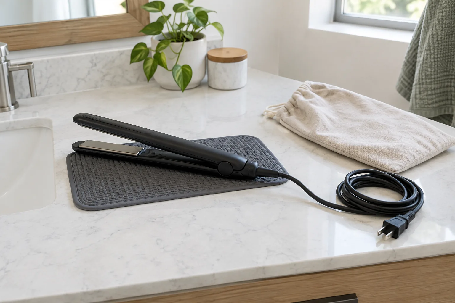 A flat iron cooling on a mat next to a storage pouch