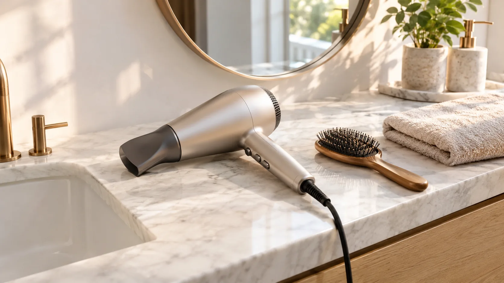 Bathroom vanity with a hair dryer, brush and towel in morning light