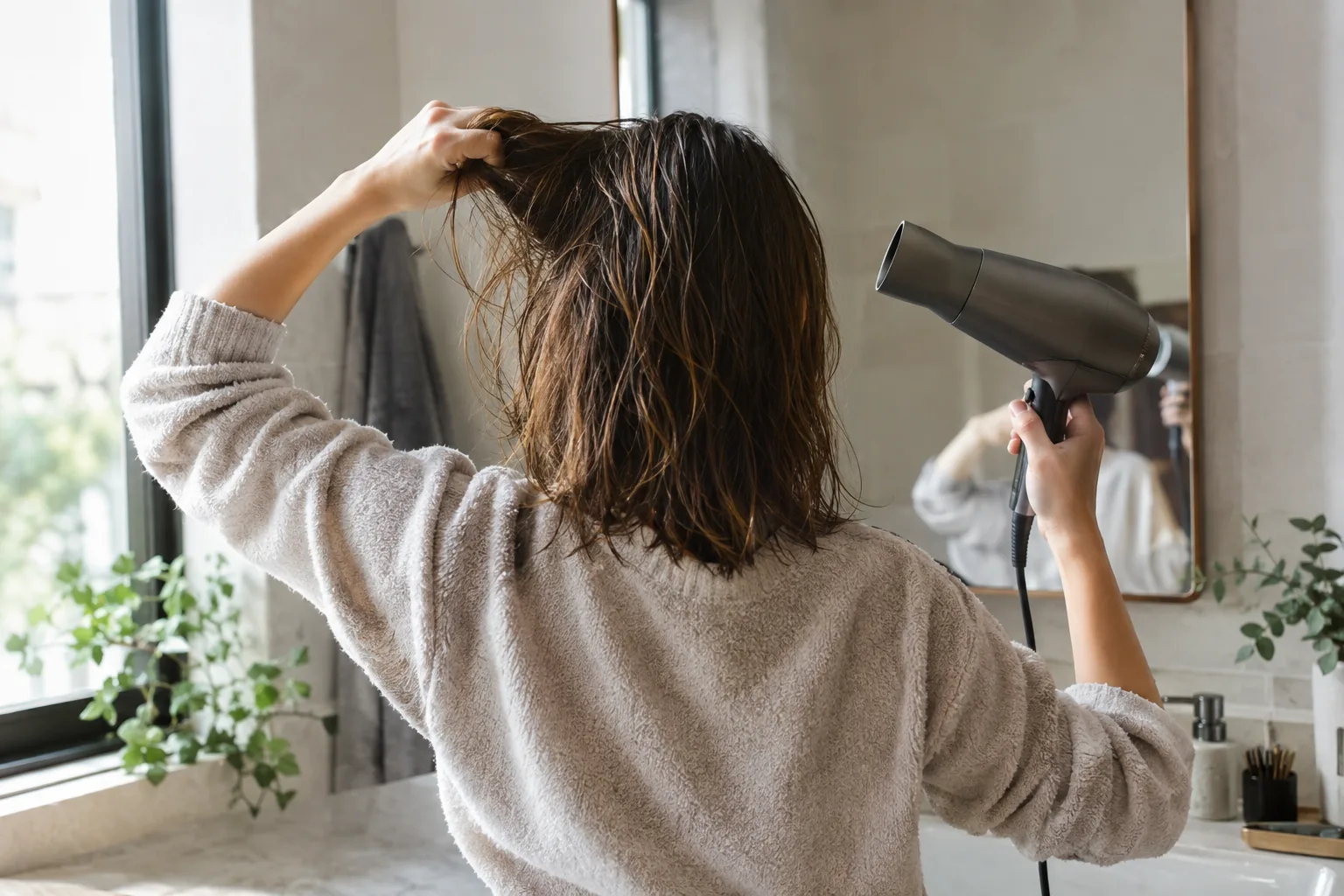 What is an ionic hair dryer: person drying a section of damp hair at a bathroom mirror