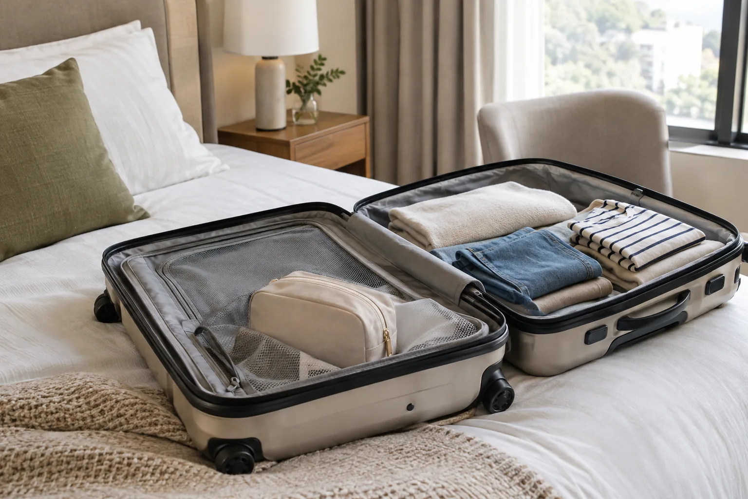 Open suitcase on a hotel bed with folded clothes and a toiletry bag