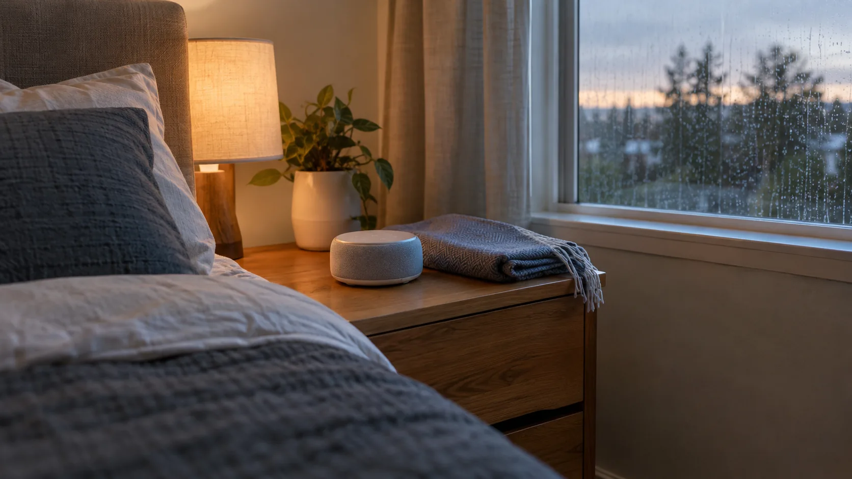 Bedroom at night with a sound machine on the nightstand and rain on the window