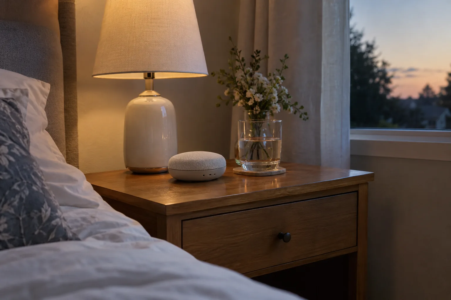 Nightstand with a small machine playing white noise machine sounds at dusk