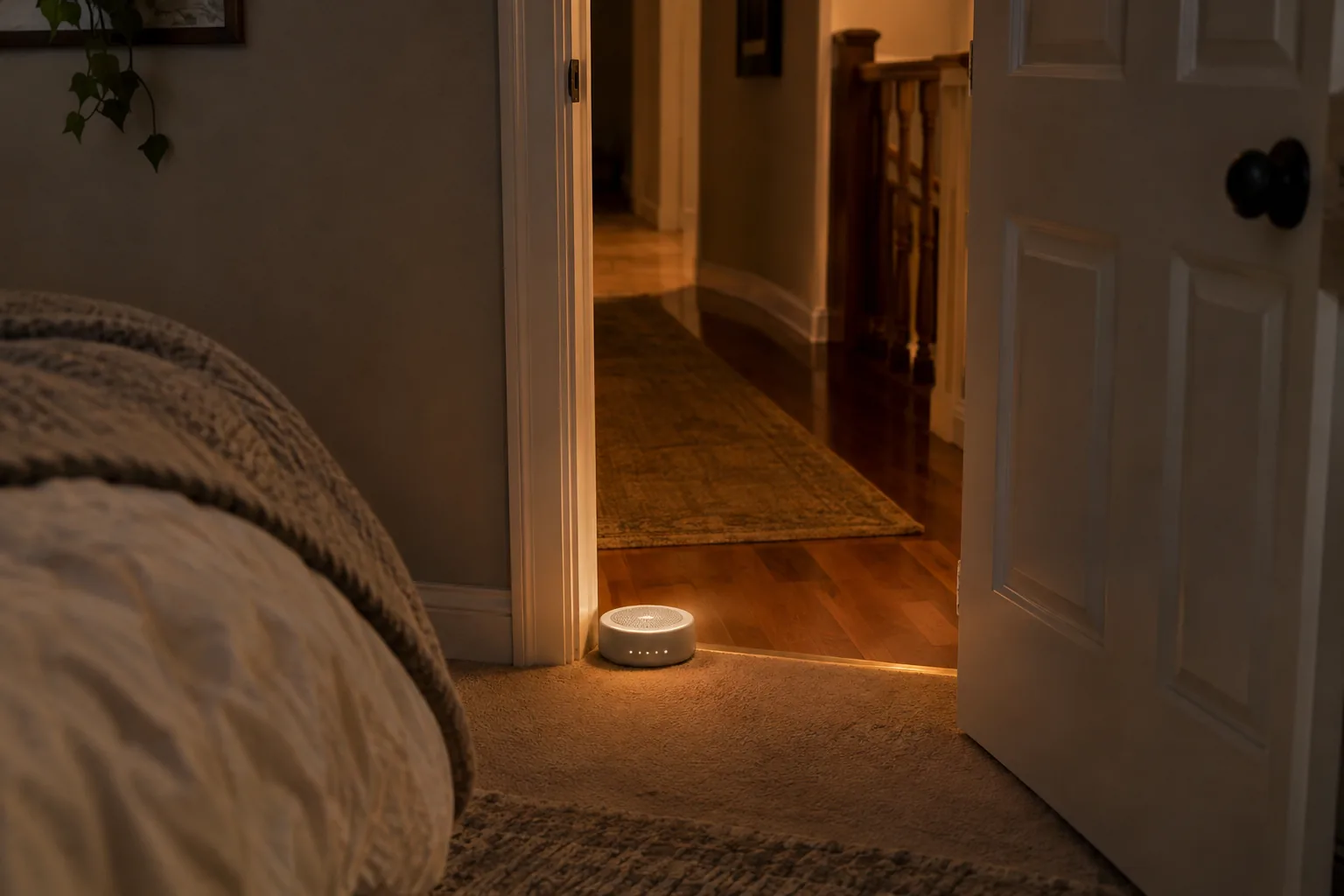 Sound machine placed just inside a bedroom door, facing the hallway
